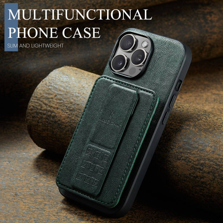 For iPhone 15 Pro Fierre Shann Oil Wax Cow Leather Card Holder Back Phone Case(Green) by FIERRE SHANN