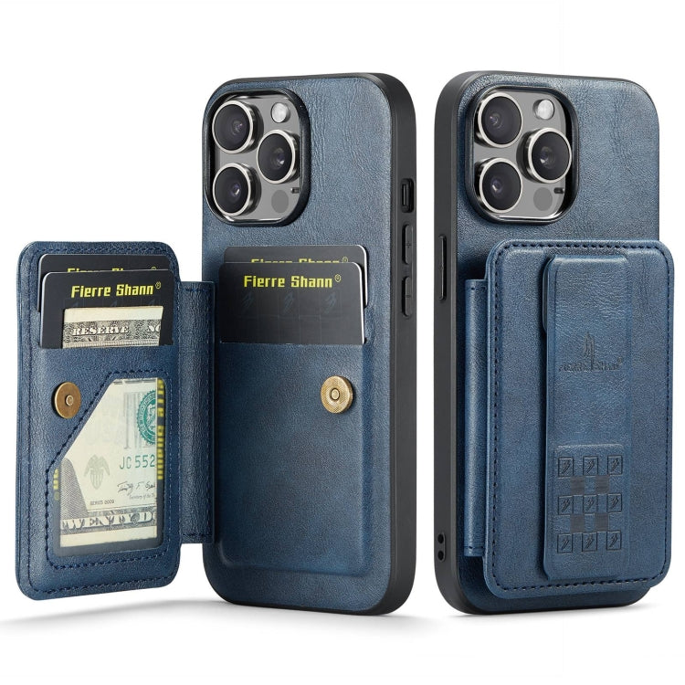 For iPhone 15 Pro Fierre Shann Oil Wax Cow Leather Card Holder Back Phone Case(Blue) by FIERRE SHANN