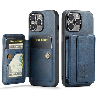 For iPhone 15 Pro Fierre Shann Oil Wax Cow Leather Card Holder Back Phone Case(Blue) by FIERRE SHANN