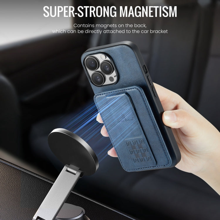 For iPhone 15 Pro Fierre Shann Oil Wax Cow Leather Card Holder Back Phone Case(Blue) by FIERRE SHANN