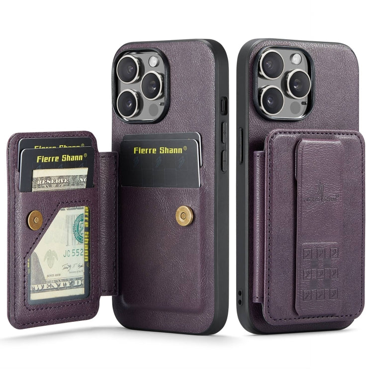 For iPhone 15 Pro Fierre Shann Oil Wax Cow Leather Card Holder Back Phone Case(Purple) by FIERRE SHANN