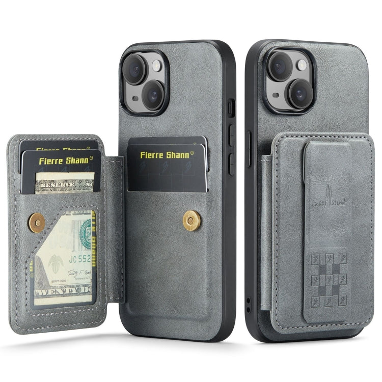 For iPhone 15 Plus Fierre Shann Oil Wax Cow Leather Card Holder Back Phone Case(Grey) by FIERRE SHANN