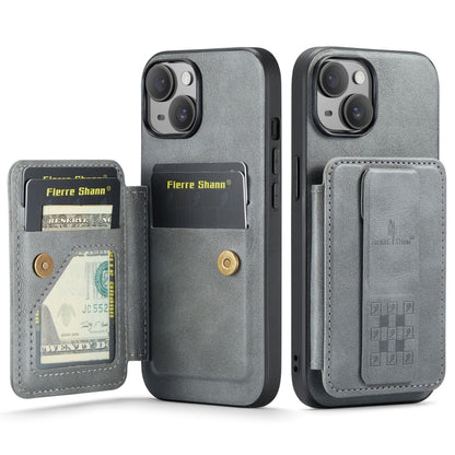 For iPhone 15 Plus Fierre Shann Oil Wax Cow Leather Card Holder Back Phone Case(Grey) by FIERRE SHANN