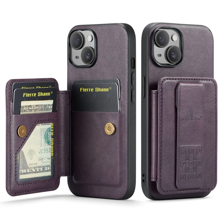 For iPhone 15 Plus Fierre Shann Oil Wax Cow Leather Card Holder Back Phone Case(Purple) by FIERRE SHANN