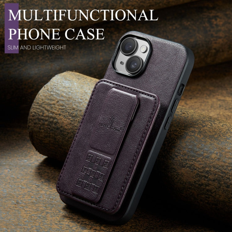 For iPhone 15 Plus Fierre Shann Oil Wax Cow Leather Card Holder Back Phone Case(Purple) by FIERRE SHANN