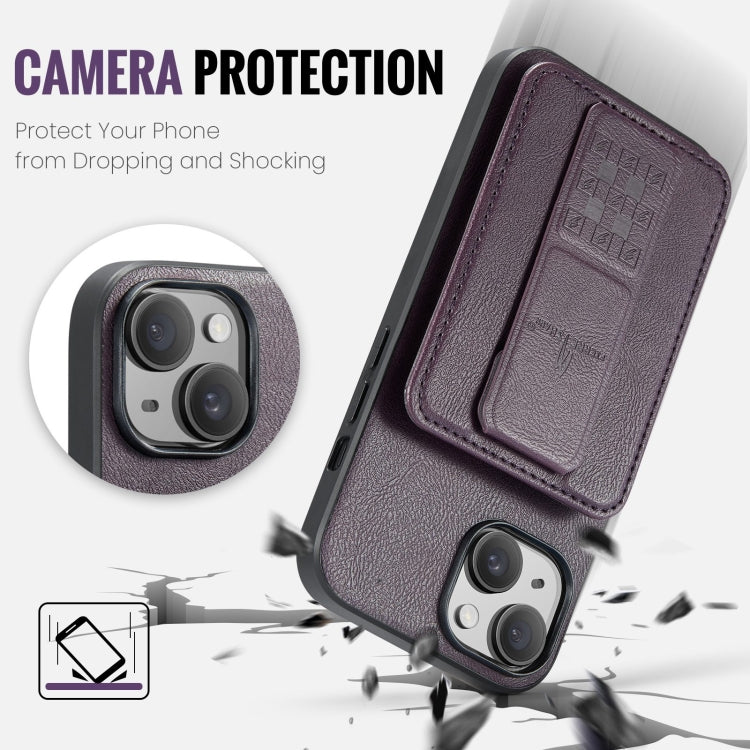 For iPhone 15 Plus Fierre Shann Oil Wax Cow Leather Card Holder Back Phone Case(Purple) by FIERRE SHANN