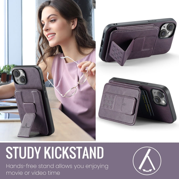 For iPhone 15 Plus Fierre Shann Oil Wax Cow Leather Card Holder Back Phone Case(Purple) by FIERRE SHANN