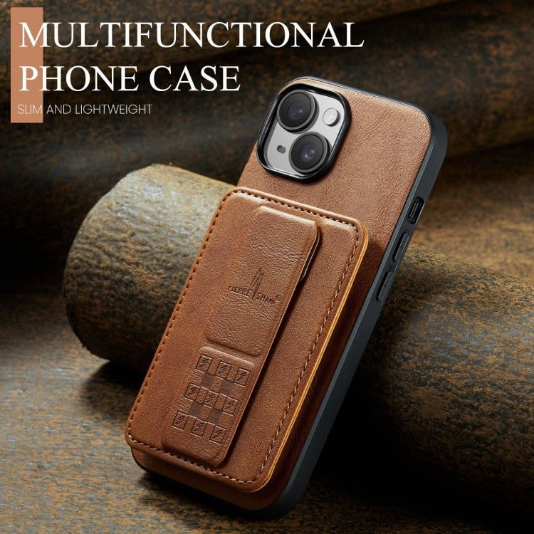 For iPhone 15 Plus Fierre Shann Oil Wax Cow Leather Card Holder Back Phone Case(Brown) by FIERRE SHANN