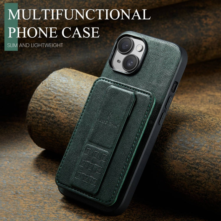 For iPhone 15 Fierre Shann Oil Wax Cow Leather Card Holder Back Phone Case(Green) by FIERRE SHANN