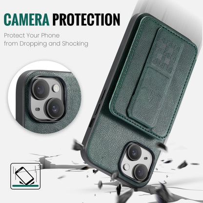 For iPhone 15 Fierre Shann Oil Wax Cow Leather Card Holder Back Phone Case(Green) by FIERRE SHANN