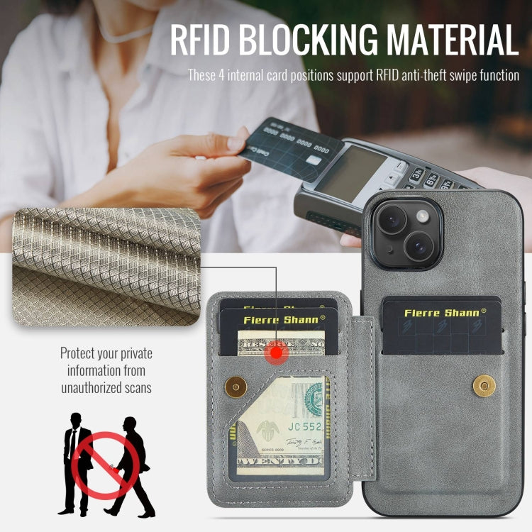 For iPhone 15 Fierre Shann Oil Wax Cow Leather Card Holder Back Phone Case(Grey) by FIERRE SHANN