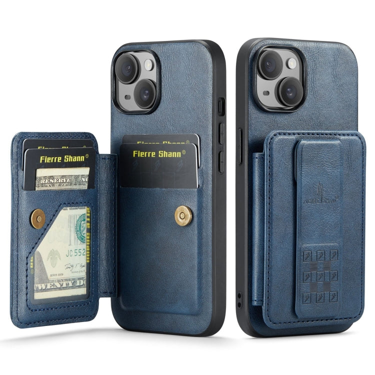 For iPhone 15 Fierre Shann Oil Wax Cow Leather Card Holder Back Phone Case(Blue) by FIERRE SHANN