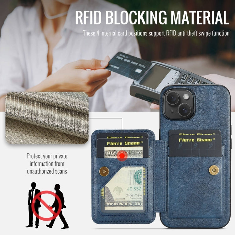 For iPhone 15 Fierre Shann Oil Wax Cow Leather Card Holder Back Phone Case(Blue) by FIERRE SHANN