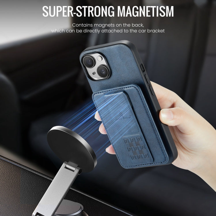 For iPhone 15 Fierre Shann Oil Wax Cow Leather Card Holder Back Phone Case(Blue) by FIERRE SHANN
