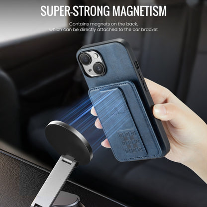For iPhone 15 Fierre Shann Oil Wax Cow Leather Card Holder Back Phone Case(Blue) by FIERRE SHANN