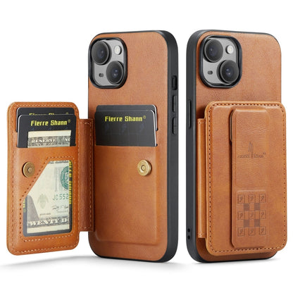 For iPhone 15 Fierre Shann Oil Wax Cow Leather Card Holder Back Phone Case(Brown) by FIERRE SHANN