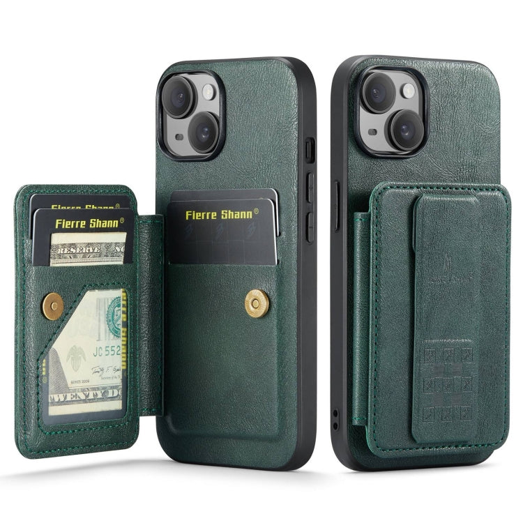 For iPhone 14 Plus Fierre Shann Oil Wax Cow Leather Card Holder Back Phone Case(Green) by FIERRE SHANN