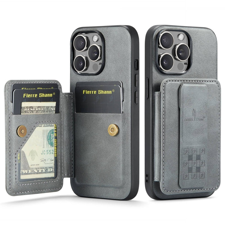For iPhone 14 Pro Fierre Shann Oil Wax Cow Leather Card Holder Back Phone Case(Grey) by FIERRE SHANN