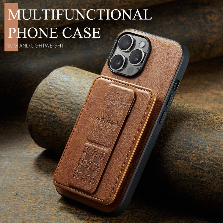 For iPhone 14 Pro Max Fierre Shann Oil Wax Cow Leather Card Holder Back Phone Case(Brown) by FIERRE SHANN