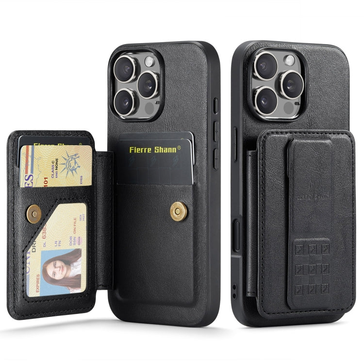 For iPhone 16 Pro Max Fierre Shann Oil Wax Cow Leather Card Holder Back Phone Case(Black) by FIERRE SHANN