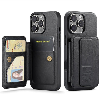 For iPhone 16 Pro Max Fierre Shann Oil Wax Cow Leather Card Holder Back Phone Case(Black) by FIERRE SHANN