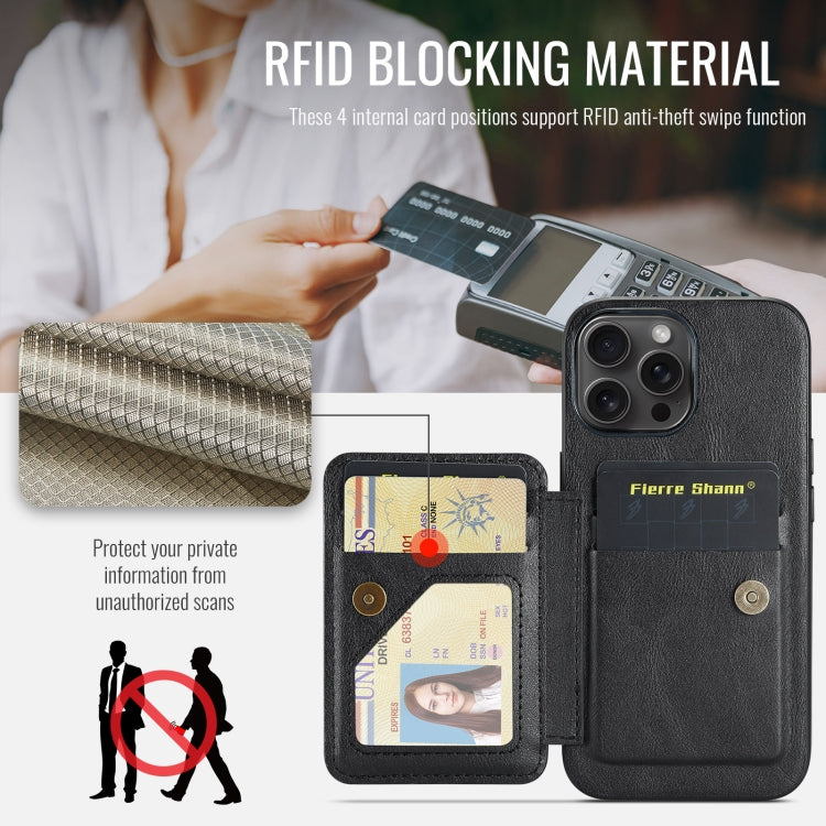 For iPhone 16 Pro Max Fierre Shann Oil Wax Cow Leather Card Holder Back Phone Case(Black) by FIERRE SHANN