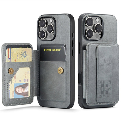 For iPhone 16 Pro Max Fierre Shann Oil Wax Cow Leather Card Holder Back Phone Case(Grey) by FIERRE SHANN