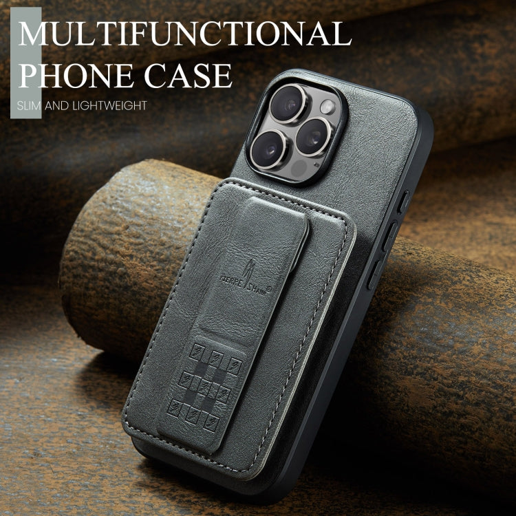 For iPhone 16 Pro Max Fierre Shann Oil Wax Cow Leather Card Holder Back Phone Case(Grey) by FIERRE SHANN