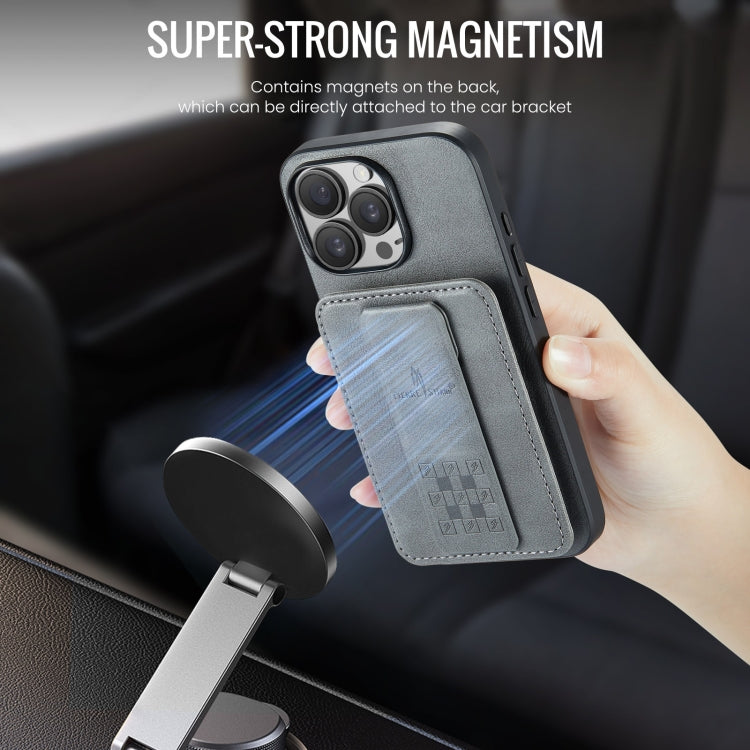 For iPhone 16 Pro Max Fierre Shann Oil Wax Cow Leather Card Holder Back Phone Case(Grey) by FIERRE SHANN