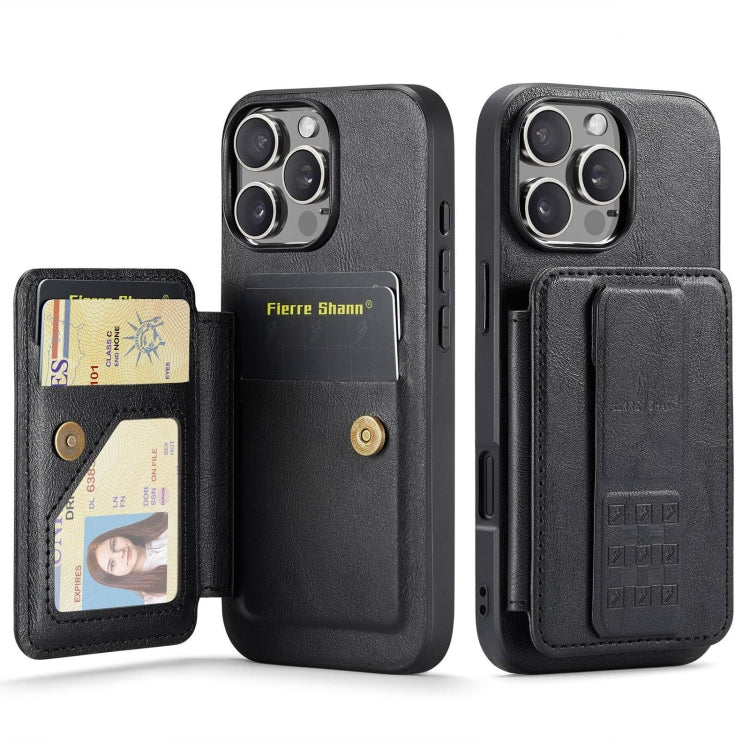 For iPhone 16 Pro Fierre Shann Oil Wax Cow Leather Card Holder Back Phone Case(Black) by FIERRE SHANN