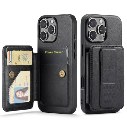 For iPhone 16 Pro Fierre Shann Oil Wax Cow Leather Card Holder Back Phone Case(Black) by FIERRE SHANN