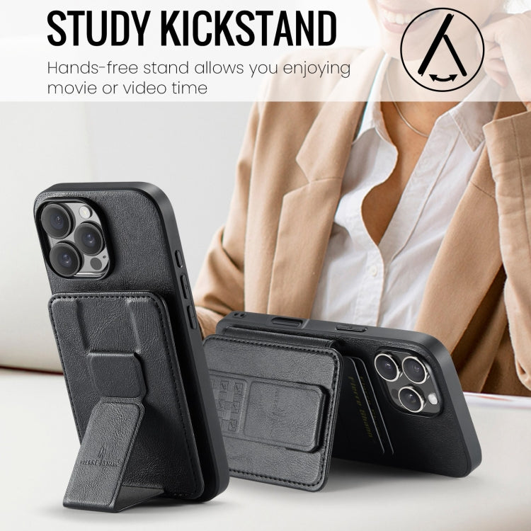 For iPhone 16 Pro Fierre Shann Oil Wax Cow Leather Card Holder Back Phone Case(Black) by FIERRE SHANN