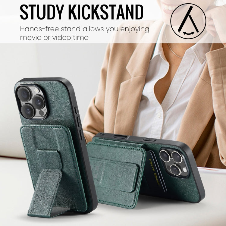 For iPhone 16 Pro Fierre Shann Oil Wax Cow Leather Card Holder Back Phone Case(Green) by FIERRE SHANN