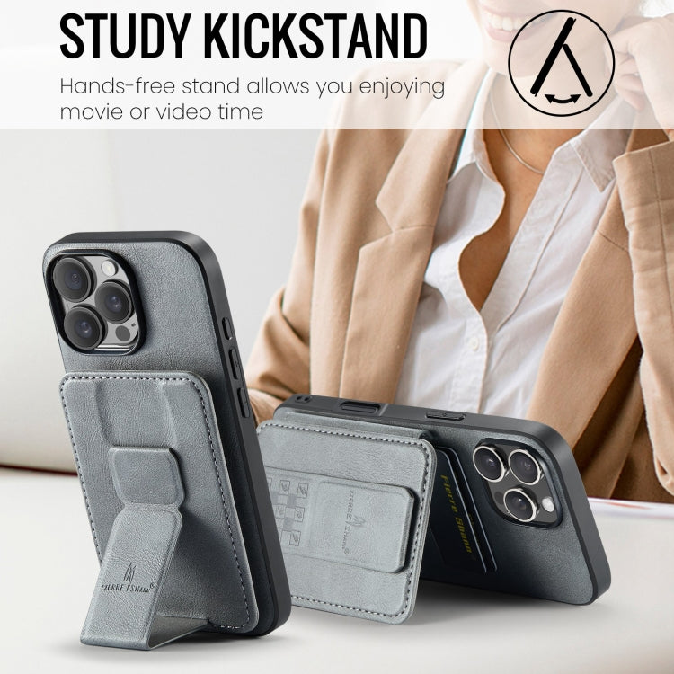 For iPhone 16 Pro Fierre Shann Oil Wax Cow Leather Card Holder Back Phone Case(Grey) by FIERRE SHANN
