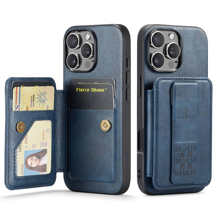 For iPhone 16 Pro Fierre Shann Oil Wax Cow Leather Card Holder Back Phone Case(Blue) by FIERRE SHANN