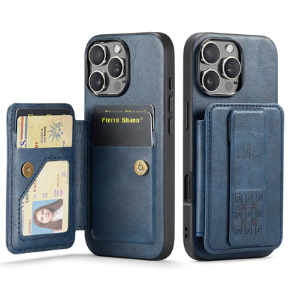For iPhone 16 Pro Fierre Shann Oil Wax Cow Leather Card Holder Back Phone Case(Blue) by FIERRE SHANN
