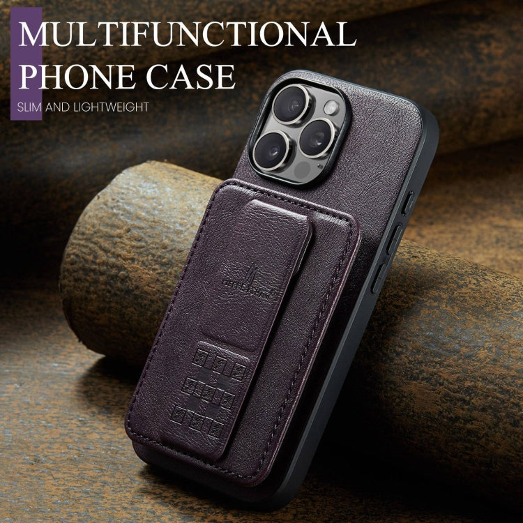 For iPhone 16 Pro Fierre Shann Oil Wax Cow Leather Card Holder Back Phone Case(Purple) by FIERRE SHANN