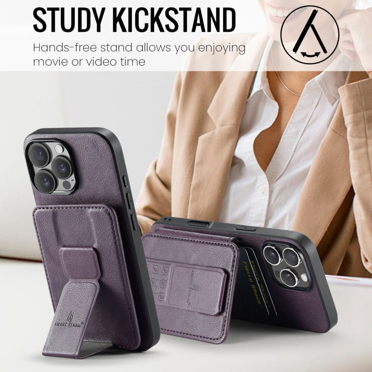 For iPhone 16 Pro Fierre Shann Oil Wax Cow Leather Card Holder Back Phone Case(Purple) by FIERRE SHANN