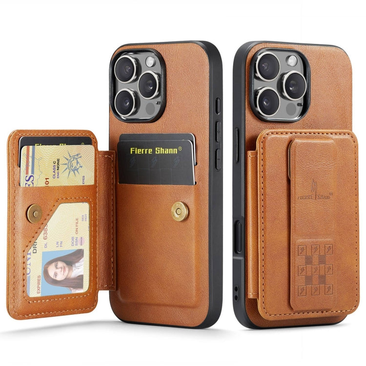 For iPhone 16 Pro Fierre Shann Oil Wax Cow Leather Card Holder Back Phone Case(Brown) by FIERRE SHANN