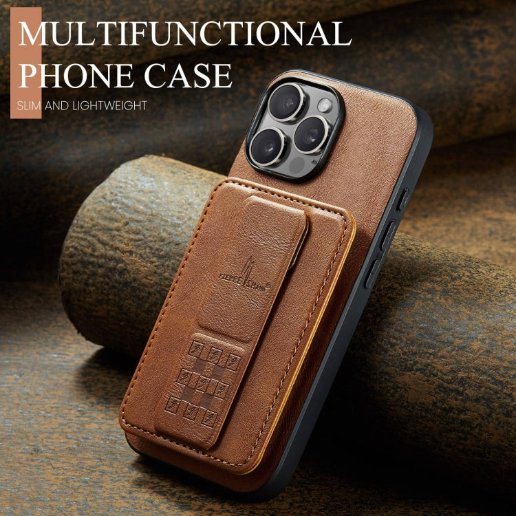 For iPhone 16 Pro Fierre Shann Oil Wax Cow Leather Card Holder Back Phone Case(Brown) by FIERRE SHANN