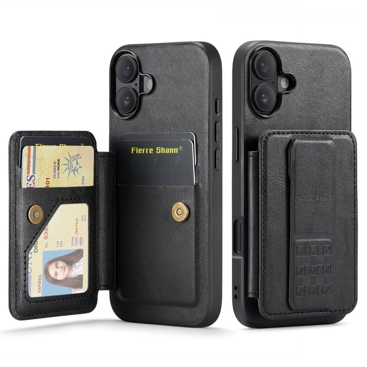 For iPhone 16 Plus Fierre Shann Oil Wax Cow Leather Card Holder Back Phone Case(Black) by FIERRE SHANN