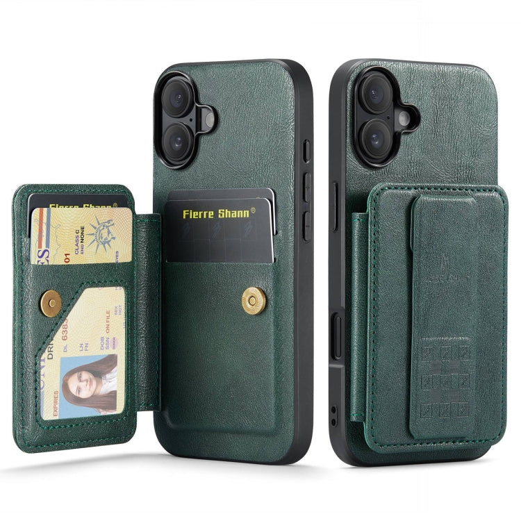 For iPhone 16 Plus Fierre Shann Oil Wax Cow Leather Card Holder Back Phone Case(Green) by FIERRE SHANN
