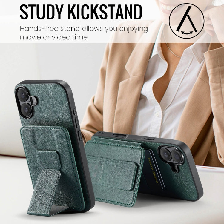For iPhone 16 Plus Fierre Shann Oil Wax Cow Leather Card Holder Back Phone Case(Green) by FIERRE SHANN