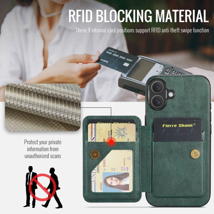 For iPhone 16 Plus Fierre Shann Oil Wax Cow Leather Card Holder Back Phone Case(Green) by FIERRE SHANN