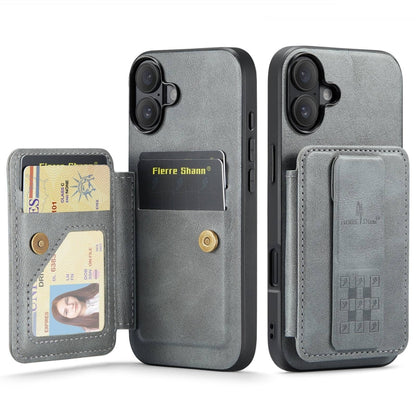 For iPhone 16 Plus Fierre Shann Oil Wax Cow Leather Card Holder Back Phone Case(Grey) by FIERRE SHANN