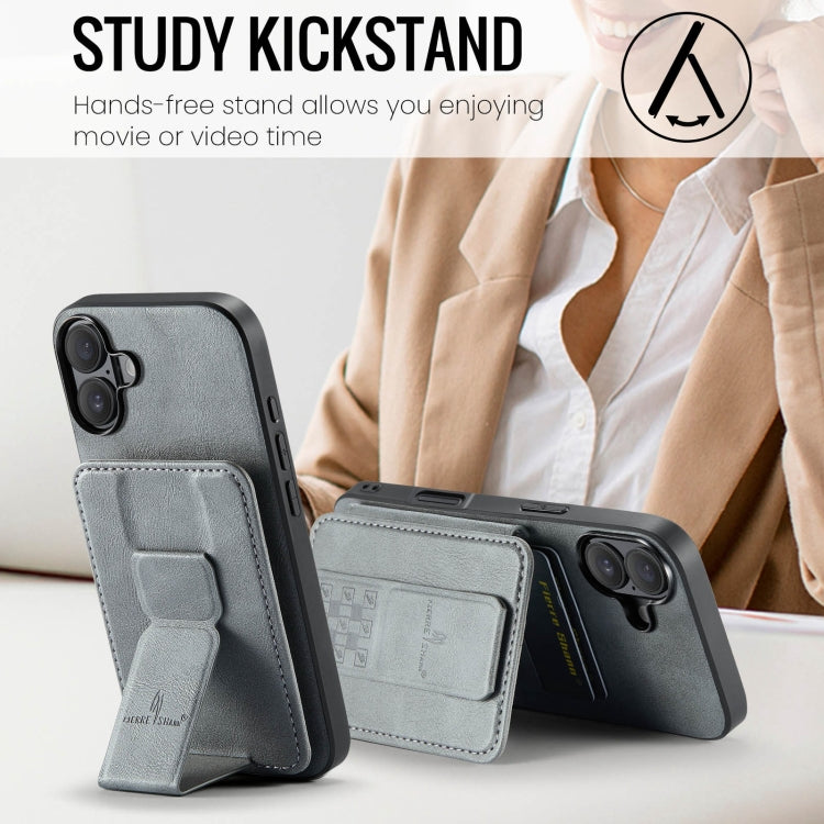 For iPhone 16 Plus Fierre Shann Oil Wax Cow Leather Card Holder Back Phone Case(Grey) by FIERRE SHANN