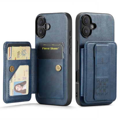 For iPhone 16 Plus Fierre Shann Oil Wax Cow Leather Card Holder Back Phone Case(Blue) by FIERRE SHANN