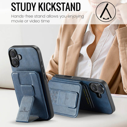 For iPhone 16 Plus Fierre Shann Oil Wax Cow Leather Card Holder Back Phone Case(Blue) by FIERRE SHANN