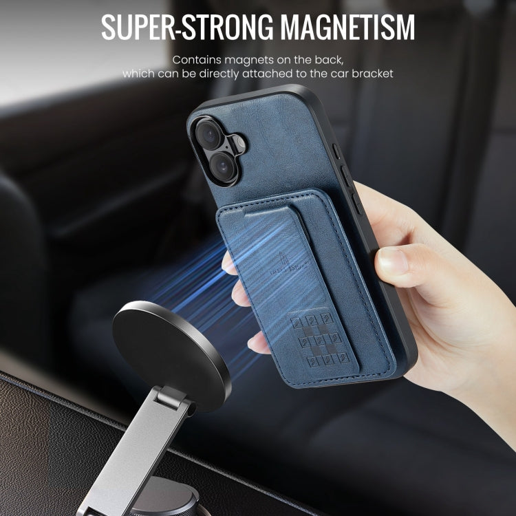 For iPhone 16 Plus Fierre Shann Oil Wax Cow Leather Card Holder Back Phone Case(Blue) by FIERRE SHANN