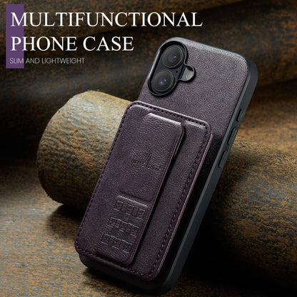For iPhone 16 Plus Fierre Shann Oil Wax Cow Leather Card Holder Back Phone Case(Purple) by FIERRE SHANN
